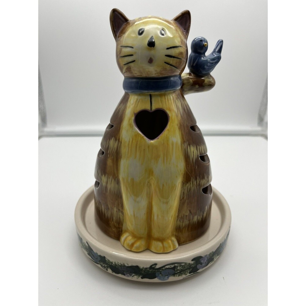 Kathy Hatch Ceramic Tabby Kitty Cat Bird Votive Tea-Light Candle Holder Figurine